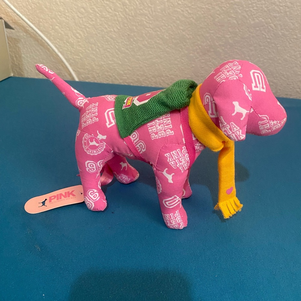 Pink Victoria's Secret Stuffed Dog Toy PHI Beta Pink Green Backpack Yellow Scarf - Picture 2 of 2